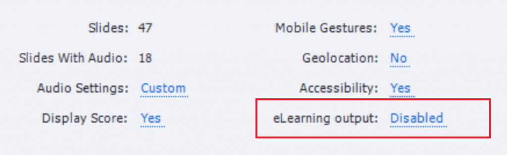 captivate eLearning output disabled